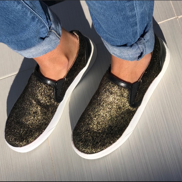 Gold/Black Pony Hair Slip On Casual Sneakers - Picture 2 of 7